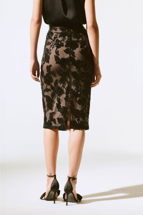 Joseph Ribkoff Black Sequin Floral Pull-On Mesh Pencil Skirt 243710