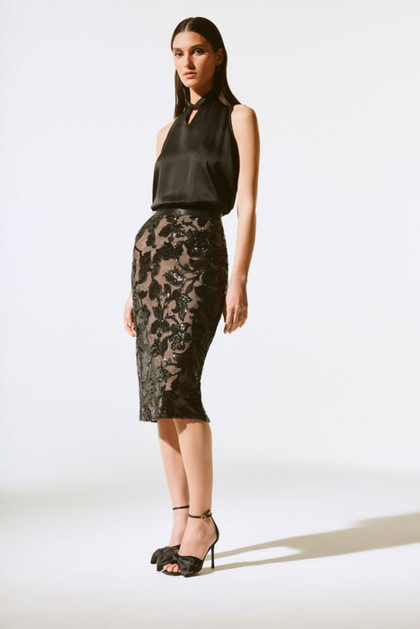 Joseph Ribkoff Black Sequin Floral Pull-On Mesh Pencil Skirt 243710