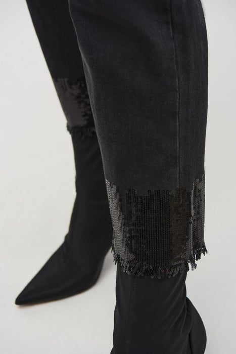 Joseph Ribkoff Black Sequin Fringe Cuff Cropped Denim Jeans 244948