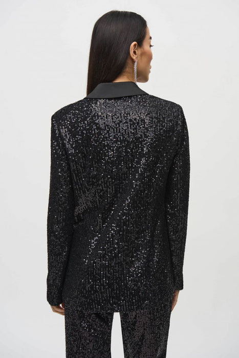 Joseph Ribkoff Black Sequined Satin Trim Blazer Jacket 244916