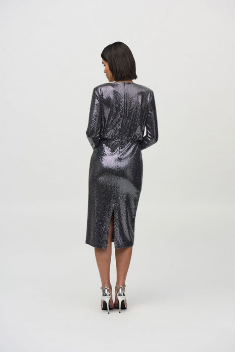 Joseph Ribkoff Black/Silver Sequined V-Neck Long Sleeve Sheath Dress 244033