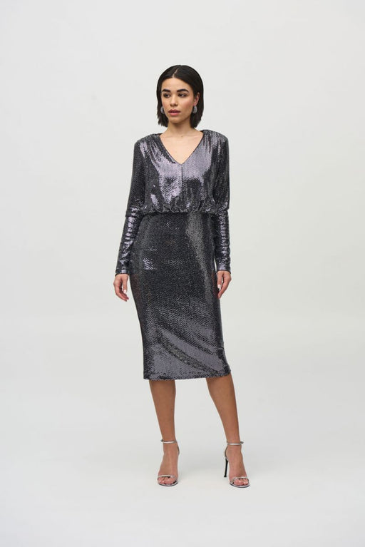 Joseph Ribkoff 244033 Black/Silver Sequined V-Neck Long Sleeve Sheath Dress