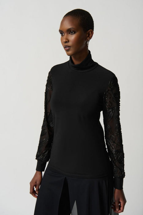 Joseph Ribkoff Style 234255 Black Soutache Trim Mesh Sleeve Turtleneck Top