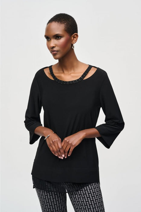 Joseph Ribkoff Style 243109 Black Studded Cutout Neck Mesh Insert Tunic Top