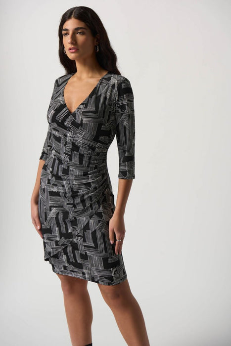 Joseph Ribkoff Black/Vanilla Abstract Linear Print Faux Wrap Sheath Dress 233172