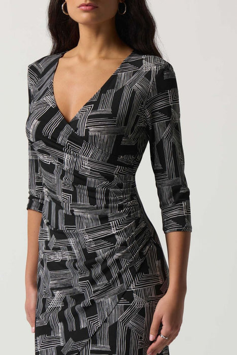 Joseph Ribkoff Black/Vanilla Abstract Linear Print Faux Wrap Sheath Dress 233172