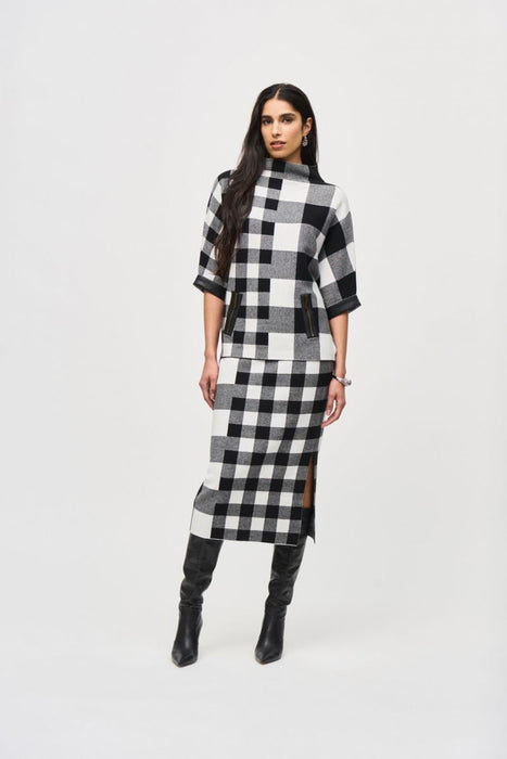 Joseph Ribkoff Black/Vanilla Check Jacquard Knit Pull On Midi Skirt 243947