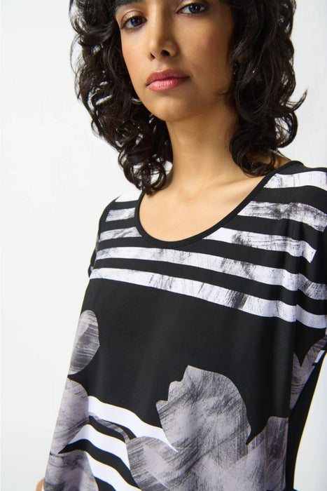 Joseph Ribkoff Black/Vanilla Striped Floral Short Sleeve T-Shirt Top 242180