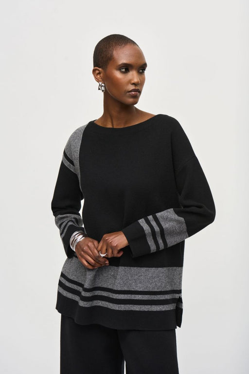 Joseph Ribkoff Style 243949 Black/Vanilla Striped Pullover Boxy Sweater Top