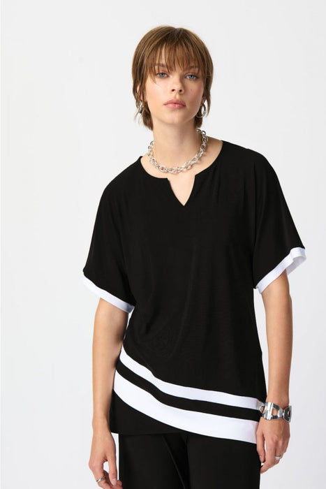 Joseph Ribkoff Style 241279 Black/Vanilla Striped Short Sleeve Relaxed Asymmetric Top