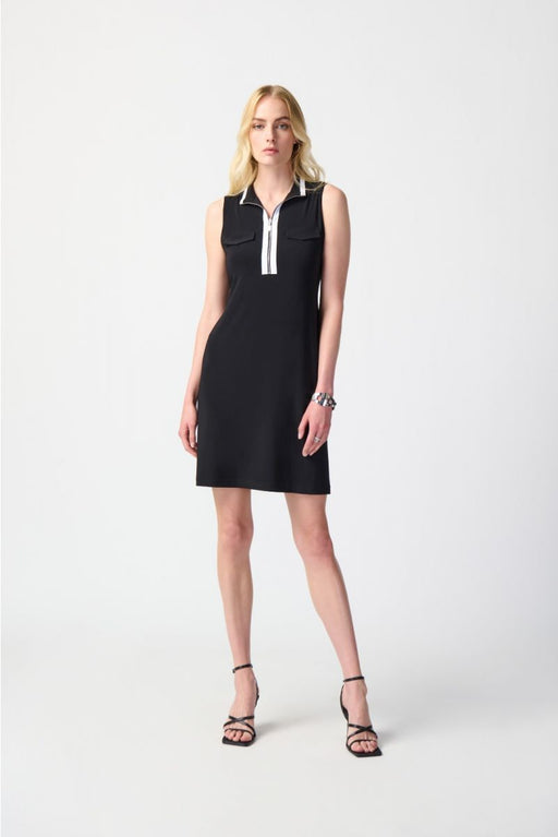 Joseph Ribkoff Style 241208 Black/Vanilla Striped Zip Front Sleeveless Shift Dress