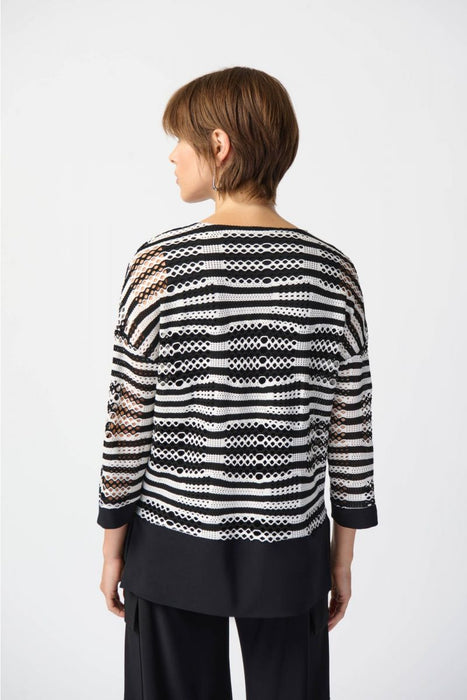 Joseph Ribkoff Black/White Striped Open-Knit 3/4 Sleeve Hi-Low Top 241255