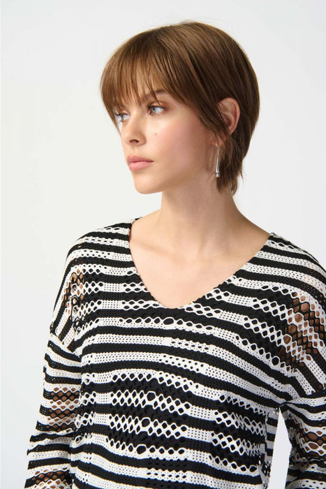 Joseph Ribkoff Black/White Striped Open-Knit 3/4 Sleeve Hi-Low Top 241255