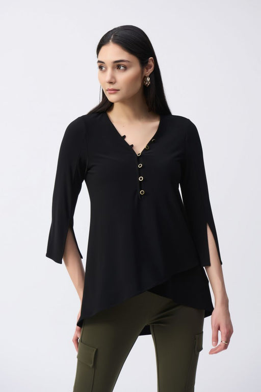 Joseph Ribkoff Style 243122 Black Wrap Front 3/4 Sleeve V-Neck Tunic Top