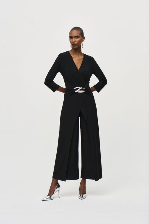 Joseph Ribkoff Style 243079 Black Wrap Front 3/4 Sleeve Wide-Leg Jumpsuit