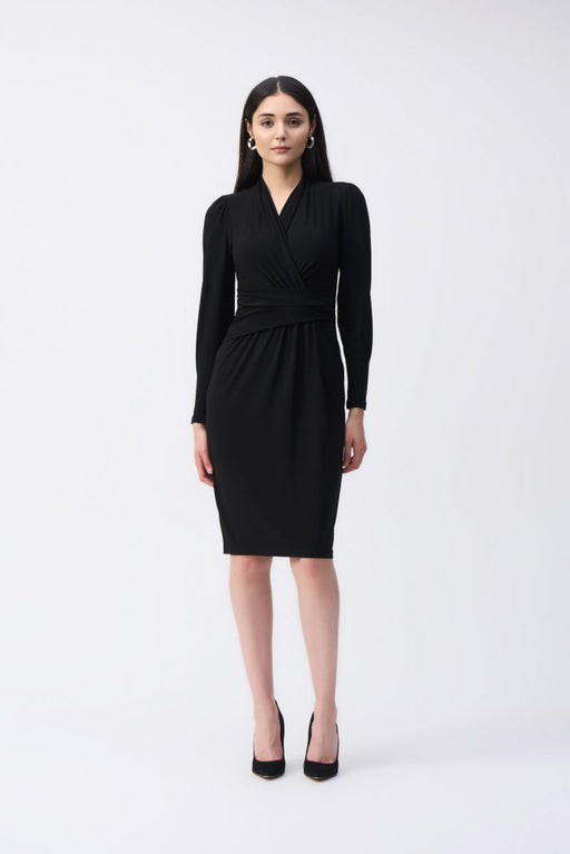 Joseph Ribkoff Style 243236 Black Wrap Front Long Sleeve V-Neck Sheath Dress