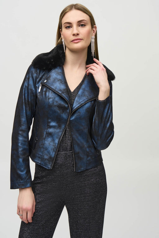 Joseph Ribkoff Style 244918 Blue/Black Foiled Suede Faux Fur Collar Moto Jacket