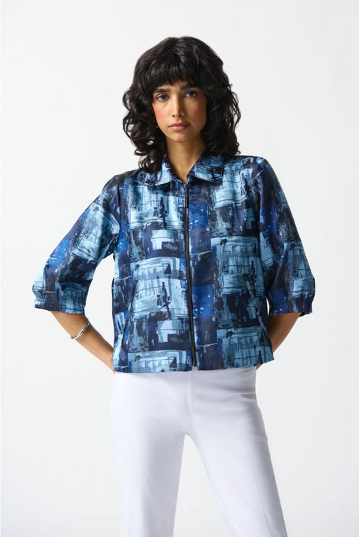 Joseph Ribkoff Style 242105 Blue/Multi Abstract Print Zip Front Puff Sleeve Boxy Jacket