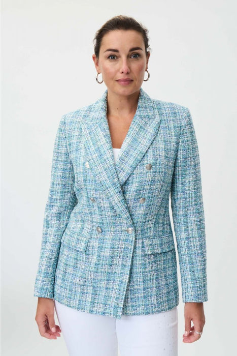 Joseph Ribkoff Blue/Multi Plaid Double-Breasted Tweed Blazer Jacket 232924  NEW