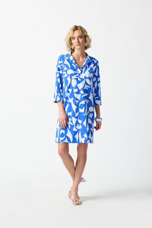 Joseph Ribkoff Style 242154 Blue/Vanilla Abstract Print 3/4 Sleeve Shirt Dress