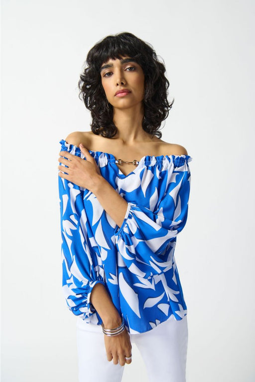 Joseph Ribkoff Style 242028 Blue/Vanilla Abstract Print Off-Shoulder 3/4 Sleeve Top