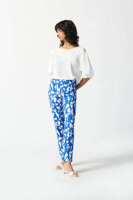 Joseph Ribkoff Blue/Vanilla Abstract Print Pull On Straight Cropped Pants 242139