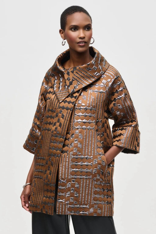 Joseph Ribkoff Style 243280 Brown/Gunmetal Geometric Jacquard Cocoon Coat Jacket