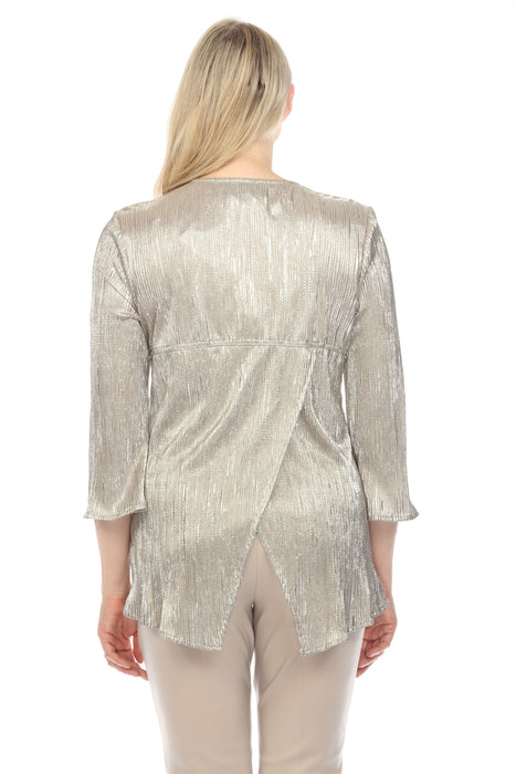 Joseph Ribkoff Champagne/Gold Metallic Textured Zip Front 3/4 Sleeve Tunic Top 241237