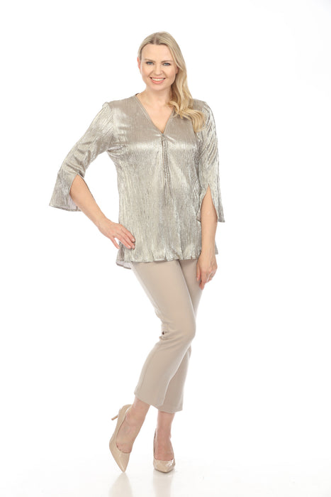 Joseph Ribkoff Champagne/Gold Metallic Textured Zip Front 3/4 Sleeve Tunic Top 241237