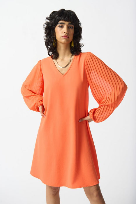 Joseph Ribkoff Chiffon V-Neck Pleated Long Sleeves A-Line Dress 242022