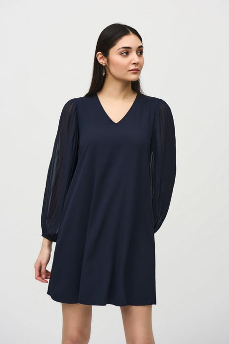 Joseph Ribkoff Chiffon V-Neck Pleated Long Sleeves A-Line Dress 242022