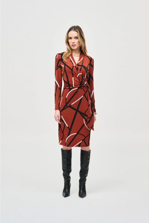 Joseph Ribkoff 243319 Cinnamon/Multi Abstract Print Long Sleeve Wrap Sheath Dress