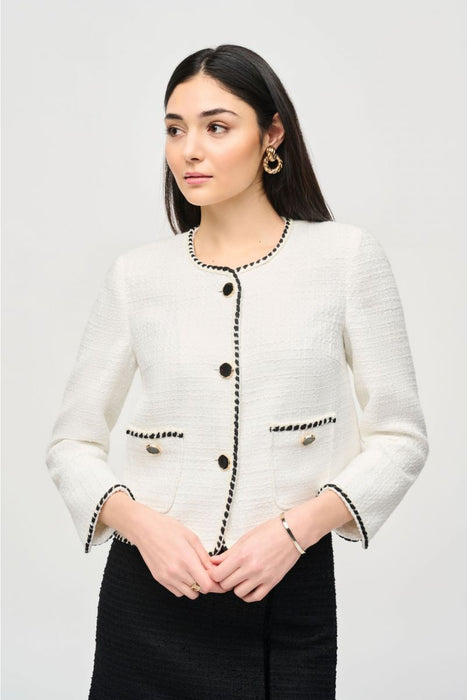 Joseph Ribkoff 243911  Winter White/Black Contrast Trim Long Sleeve Bouclé Jacket