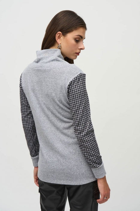 Joseph Ribkoff Grey/Black Cowl Neck Houndstooth Tunic Sweater 244002