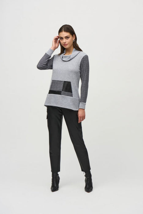 Joseph Ribkoff Grey/Black Cowl Neck Houndstooth Tunic Sweater 244002