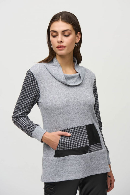 Joseph Ribkoff Style 244002 Grey/Black Cowl Neck Houndstooth Tunic Sweater Top