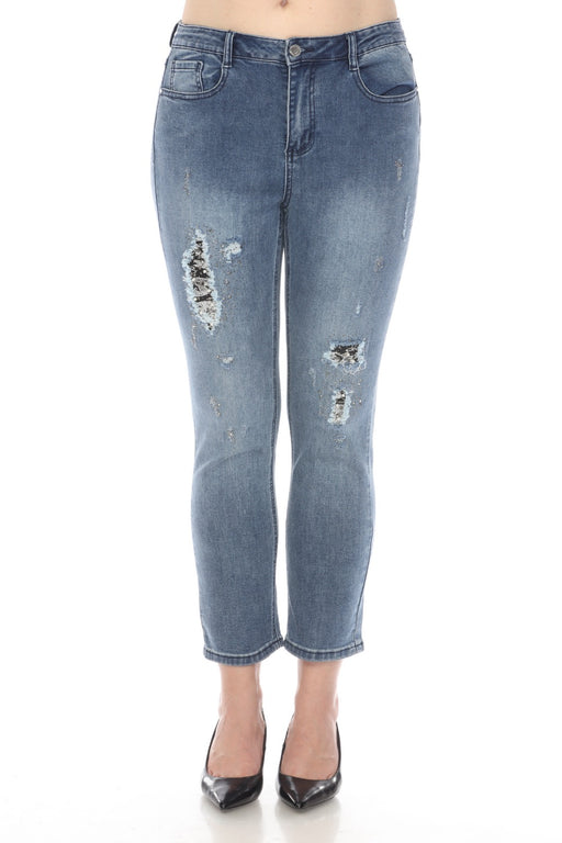 Joseph Ribkoff Style 242921 Denim Medium Blue Distressed Embellished Cropped Jeans
