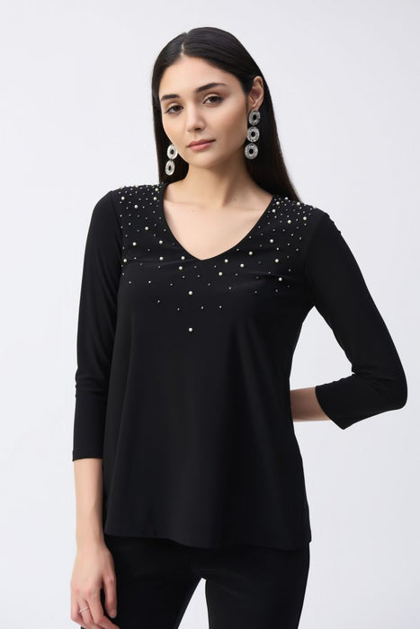 Joseph Ribkoff 243075 Black Embellished 3/4 Sleeve Fit-And-Flare Top