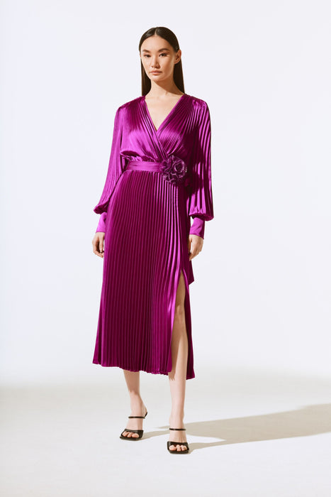 Joseph Ribkoff Style 243771X Empress Pleated Satin Belted Midi Wrap Dress