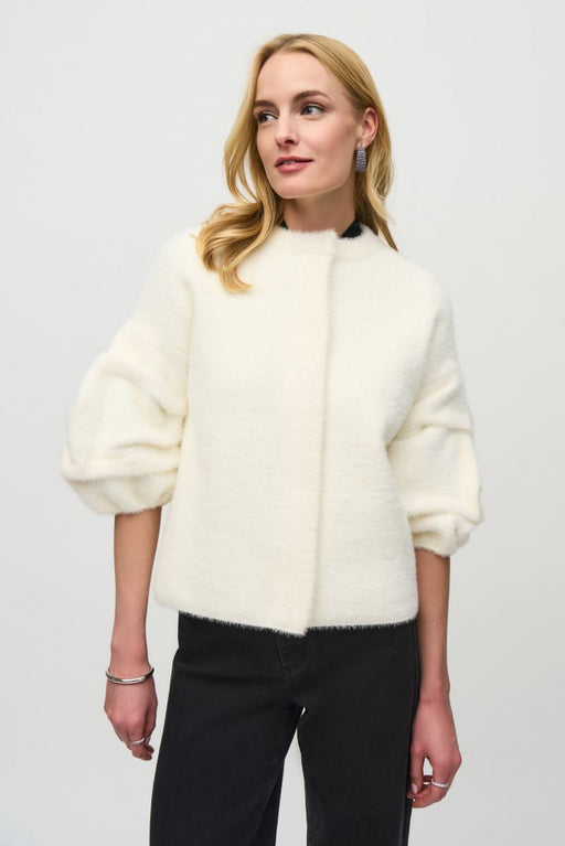 Joseph Ribkoff 244931 Vanilla Faux Fur Mock Neck Puff Sleeves Jacket