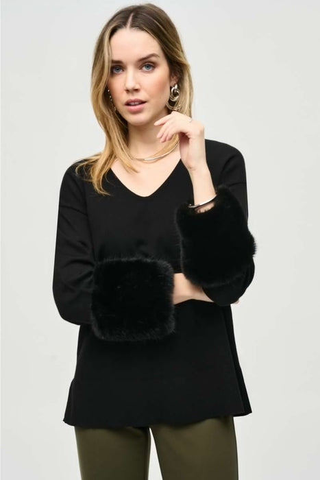 Joseph Ribkoff 243955 Black Faux Fur V-Neck Tunic Top 
