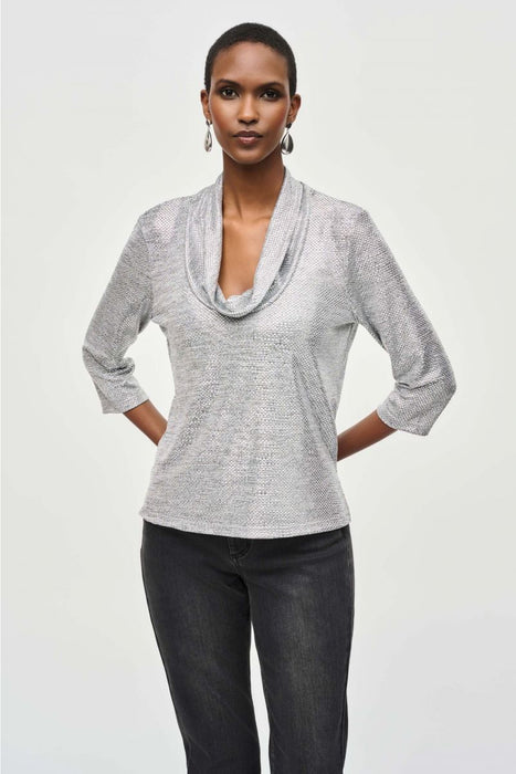 Joseph Ribkoff 243167 Grey/Silver Foiled Knit Cowl Neck 3/4 Sleeve Top