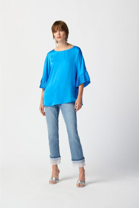 Joseph Ribkoff French Blue Pleated Sleeve Boat Neck Satin Top 241182