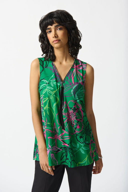 Joseph Ribkoff Style 242235 Green/Multi Floral Print Zip Front Sleeveless Tunic Top
