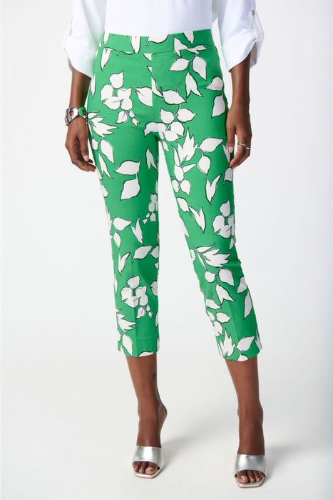 Joseph Ribkoff Style 241267 Green/Multi Leaf Print Stretch Pull On Capri Pants