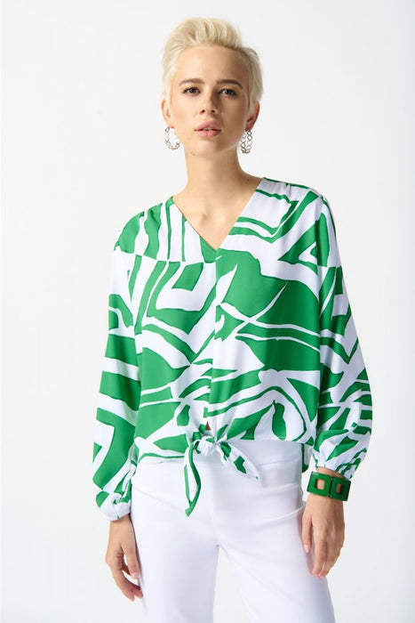 Joseph Ribkoff Style 242121 Green/Vanilla Abstract Print Tie Front Puff Sleeve Top