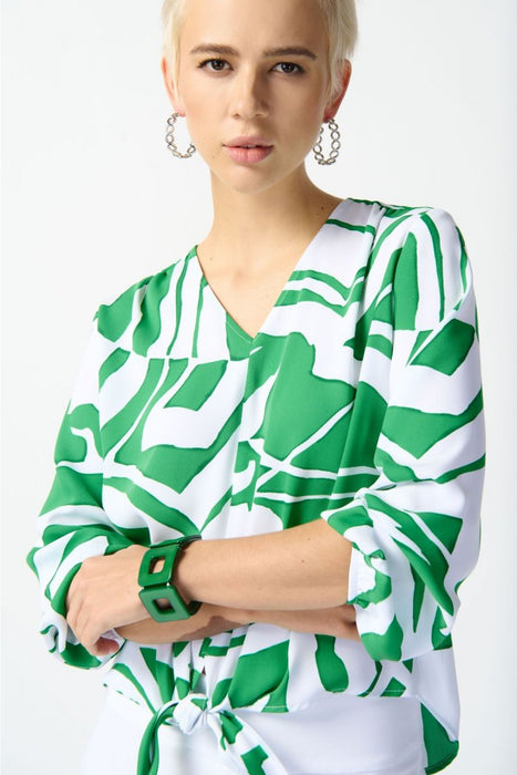 Joseph Ribkoff Green/Vanilla Abstract Print Tie Front Puff Sleeve Top 242121