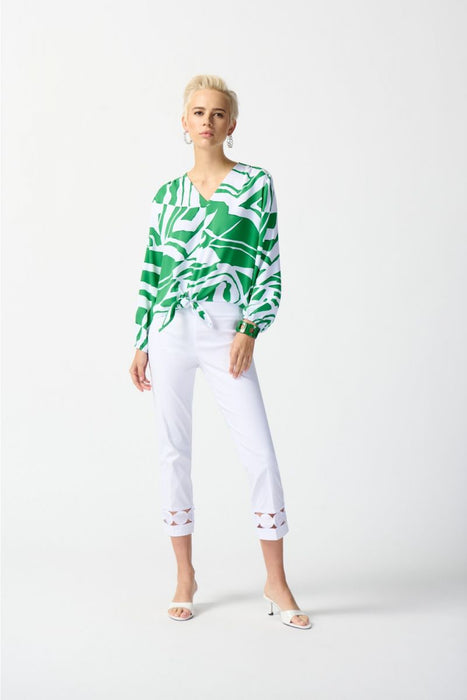 Joseph Ribkoff Green/Vanilla Abstract Print Tie Front Puff Sleeve Top 242121