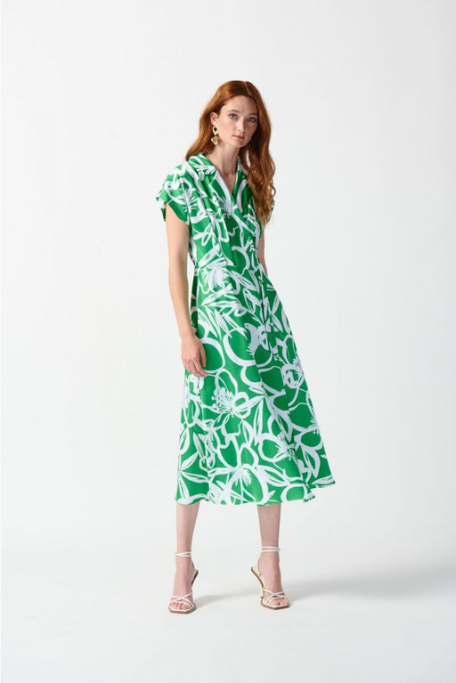 Joseph Ribkoff Style 242030 Green/Vanilla Satin Floral Wrap Front Midi Fit & Flare Dress