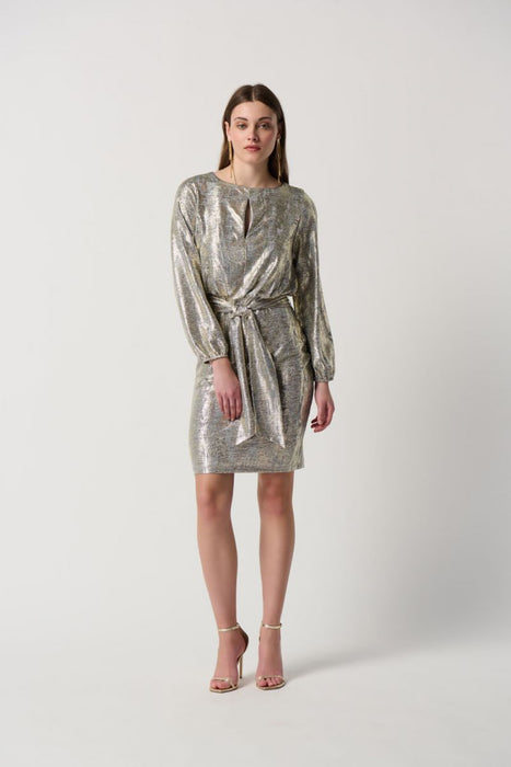 Joseph Ribkoff Style 234058 Grey/Gold Foiled Knit Belted Puff Sleeve Sheath Dress